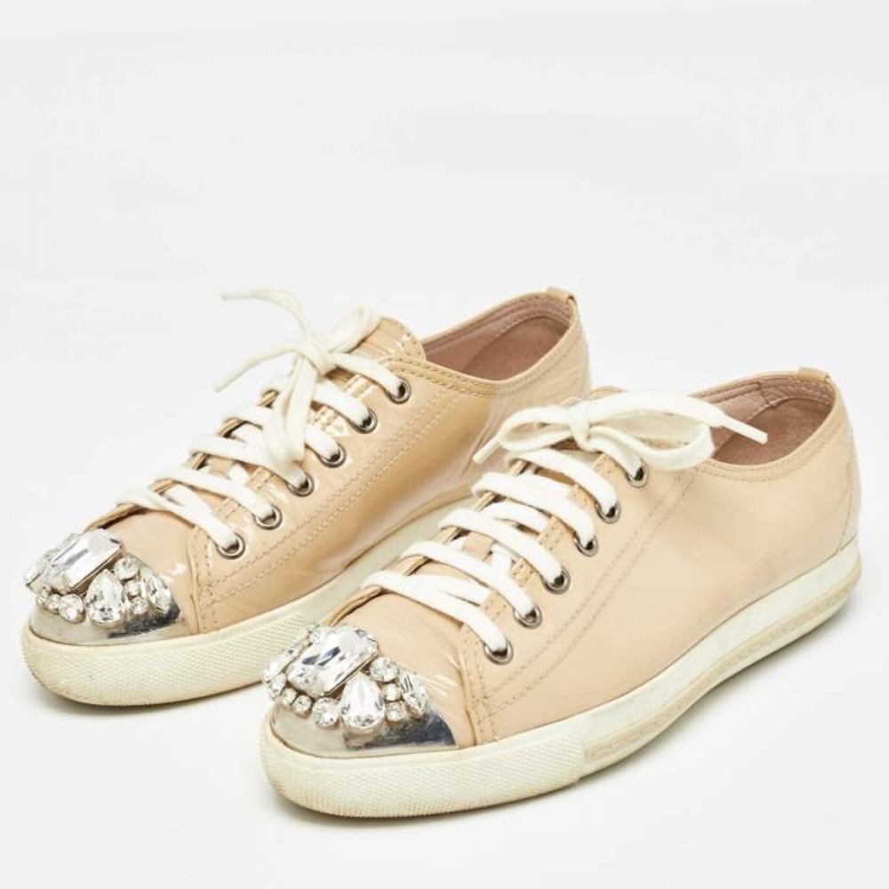 Miu Miu Beige Patent Leather Crystal Embellished Lace Up Sneakers